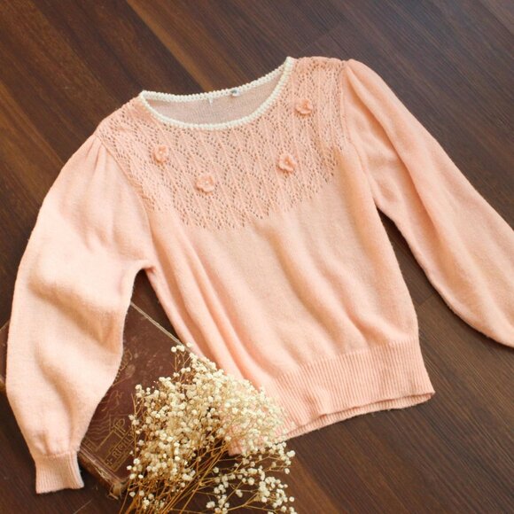 Vintage 1980s Sweater, Rt Mind Pink Pointelle Knit Pullover, Bishop Sleeve - Picture 2 of 10